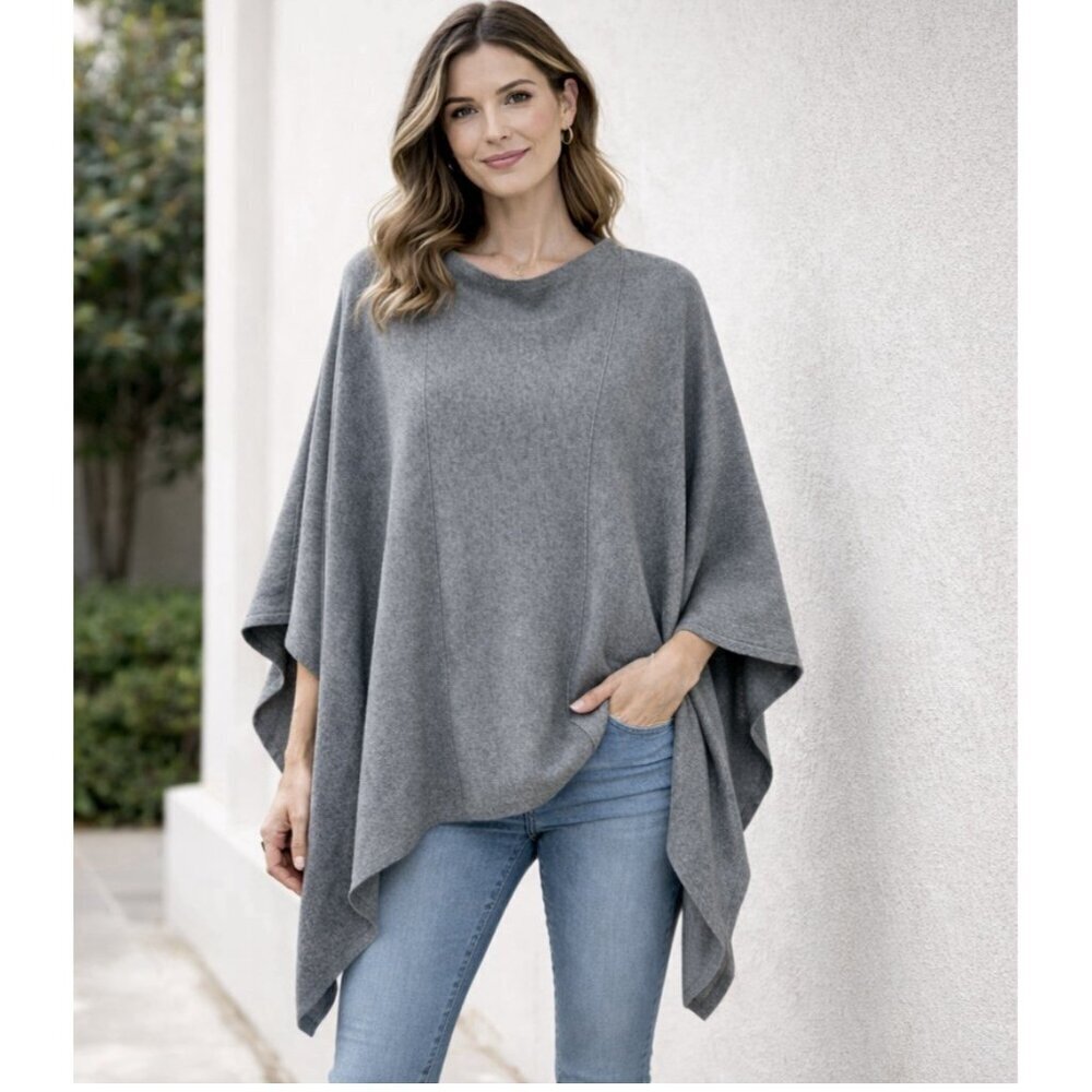 Chicos S/M Cotton Cashmere Blend Poncho Wrap Sweater Grey Long Line Oversized